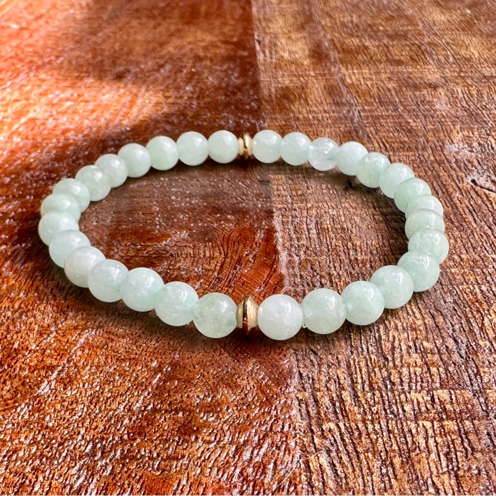 Longevity Burmese Jade Crystal Bead Bracelet Pastel Gold 6mm Handmade Stainless